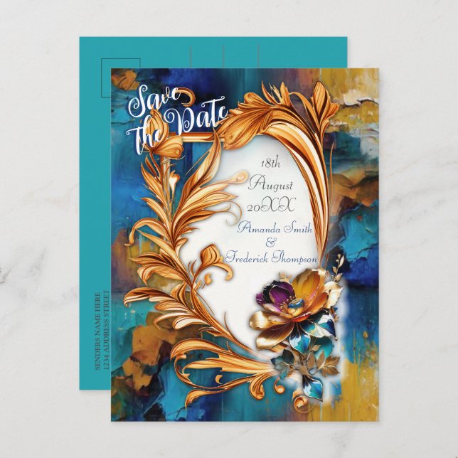 Abstract bronze, gold-blue Baroque style Announcement Postcard (Front/Back)