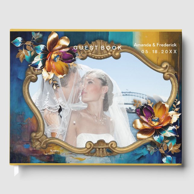 Abstract bronze, gold-blue Baroque style Guest Book (Front)