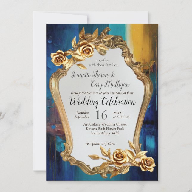 Abstract bronze, gold-blue Baroque style Invitation (Front)