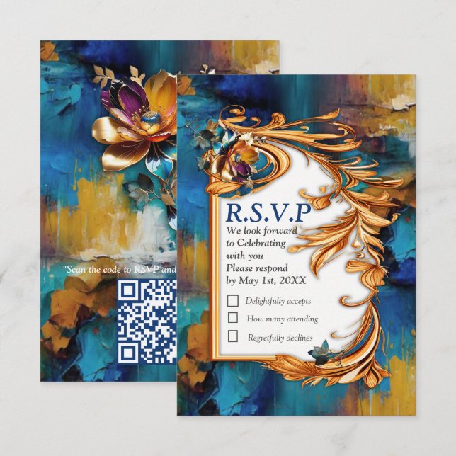 Abstract bronze, gold-blue Baroque style RSVP Card (Front/Back)