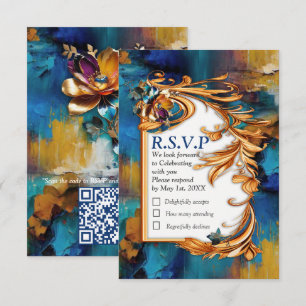 Abstract bronze, gold-blue Baroque style RSVP Card