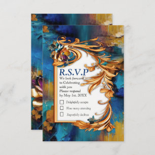 Abstract bronze, gold-blue Baroque style RSVP Card