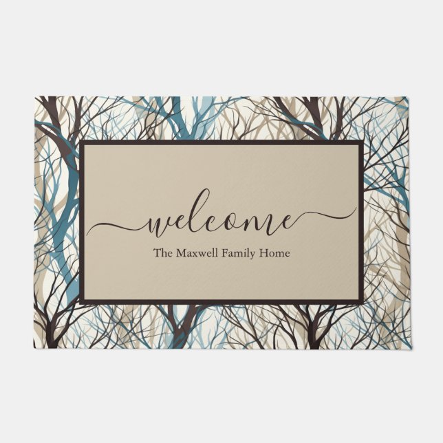 Abstract brown branches script family name welcome doormat (Front)