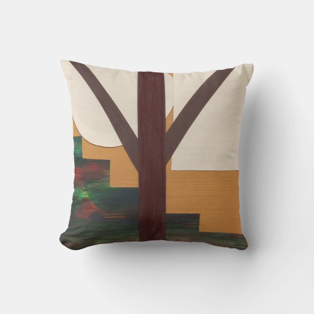 Abstract Brown Tree with Geometric Shapes Cushion (Front)