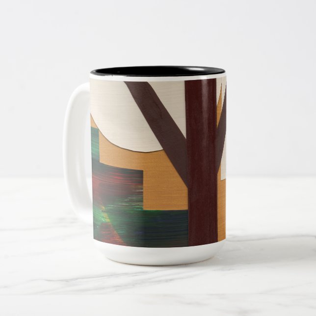 Abstract Brown Tree with Geometric Shapes Two-Tone Coffee Mug (Front Left)