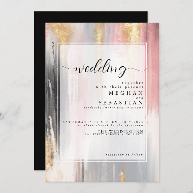 Abstract Brush Stroke Blush Gold Charcoal Invitation (Front/Back)