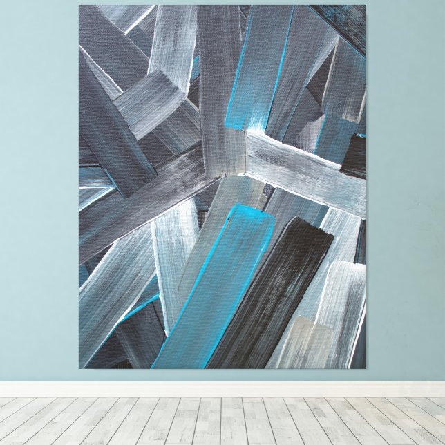 Abstract Brush Strokes in Blue, Grey, and Black Canvas Print (Insitu(Wood Floor))
