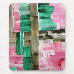 Abstract Brush Strokes in Green, Pink, and Brown Mouse Mat