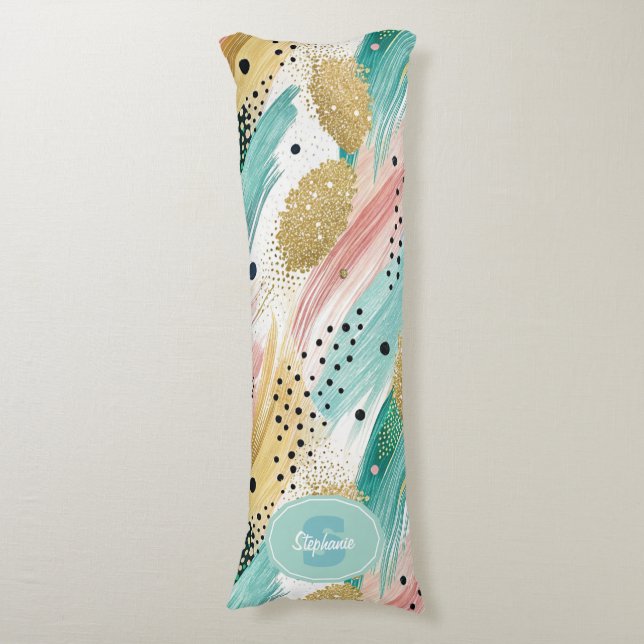 Abstract Brushstroke & Dot Pattern - Gold Accent 2 Body Cushion (Front Vertical)