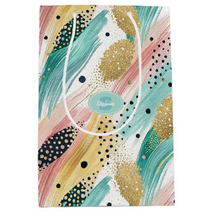 Abstract Brushstroke & Dot Pattern - Gold Accent 2 Medium Gift Bag