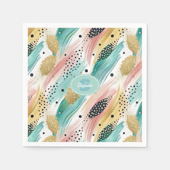 Abstract Brushstroke & Dot Pattern - Gold Accent 2 Napkin (Front)