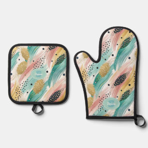 Abstract Brushstroke & Dot Pattern - Gold Accent 2 Oven Mitt & Pot Holder Set