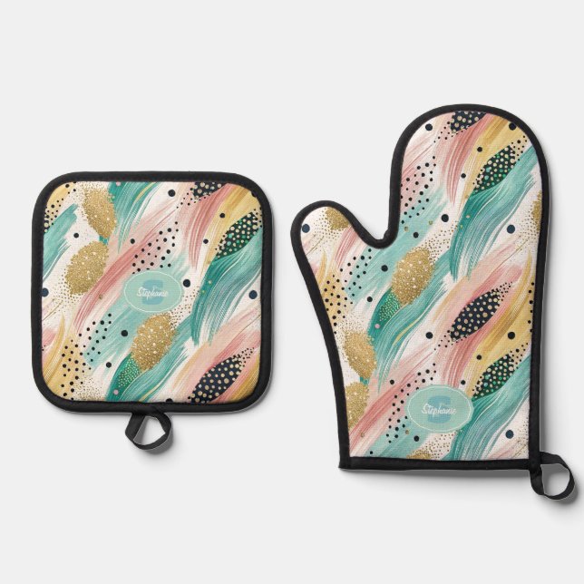 Abstract Brushstroke & Dot Pattern - Gold Accent 2 Oven Mitt & Pot Holder Set (Front)