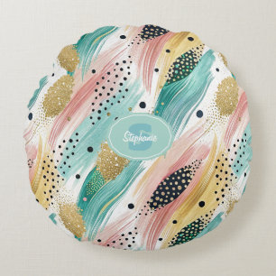 Abstract Brushstroke & Dot Pattern - Gold Accent 2 Round Cushion