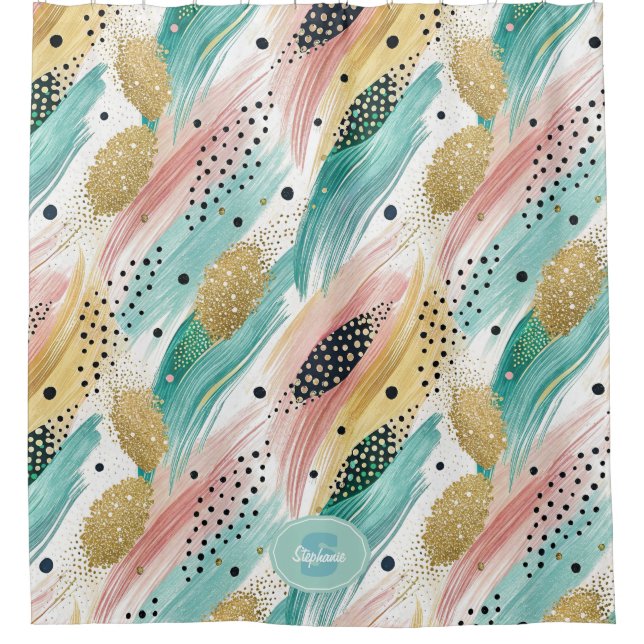 Abstract Brushstroke & Dot Pattern - Gold Accent 2 Shower Curtain (Front)