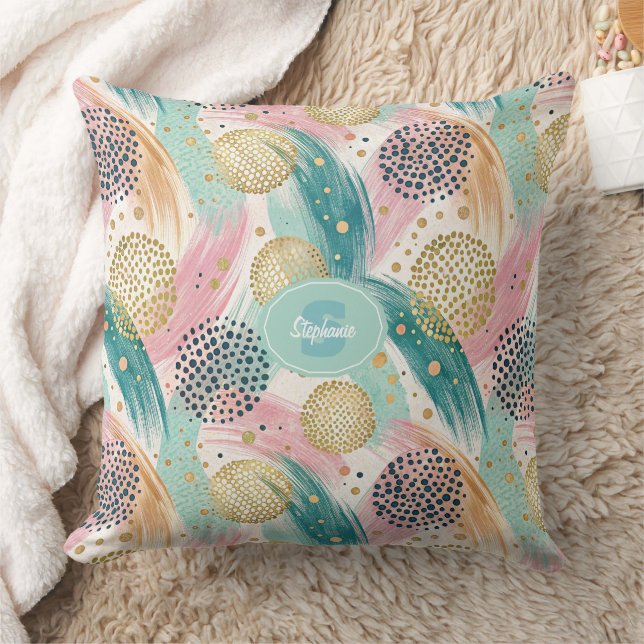 Abstract Brushstroke & Dot Pattern - Gold Accents Cushion (Blanket)