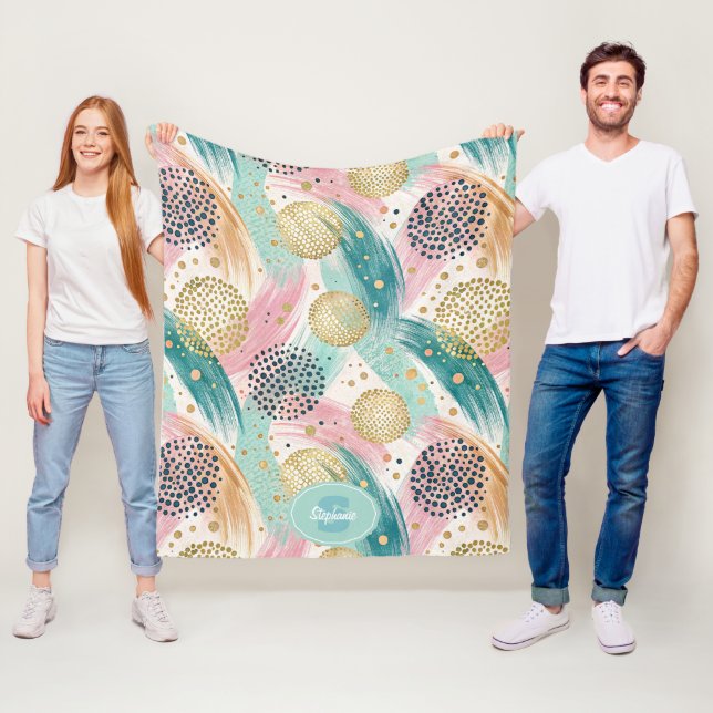 Abstract Brushstroke & Dot Pattern - Gold Accents Fleece Blanket (In Situ)