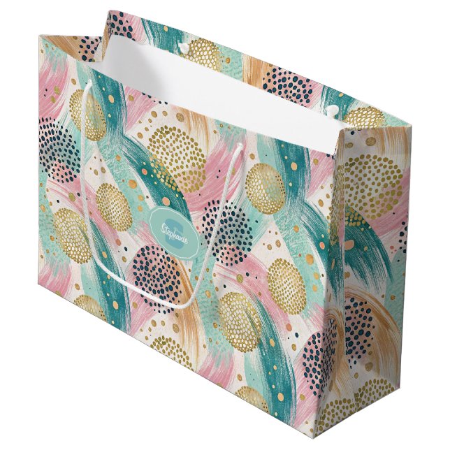 Abstract Brushstroke & Dot Pattern - Gold Accents Large Gift Bag (Front Angled)