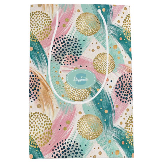 Abstract Brushstroke & Dot Pattern - Gold Accents Medium Gift Bag (Front)
