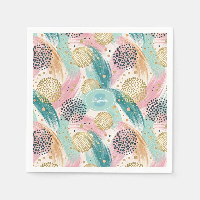 Abstract Brushstroke & Dot Pattern - Gold Accents Napkin (Front)