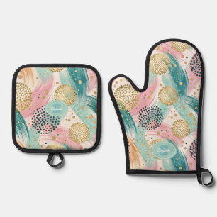Abstract Brushstroke & Dot Pattern - Gold Accents Oven Mitt & Pot Holder Set