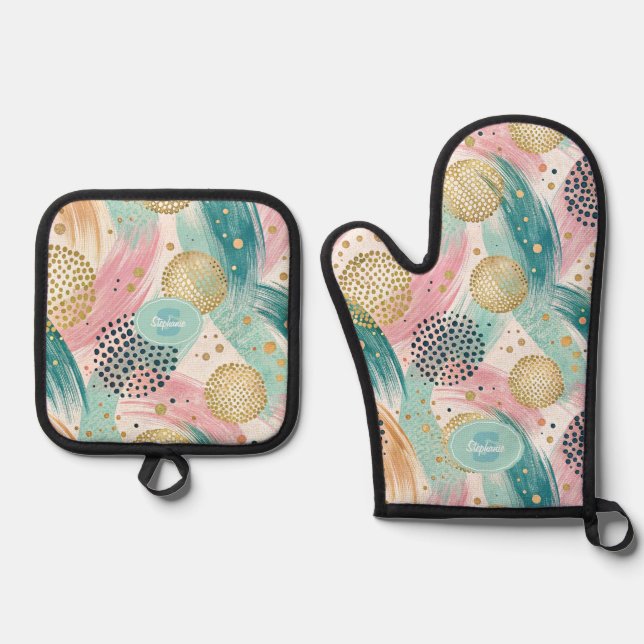Abstract Brushstroke & Dot Pattern - Gold Accents Oven Mitt & Pot Holder Set (Front)