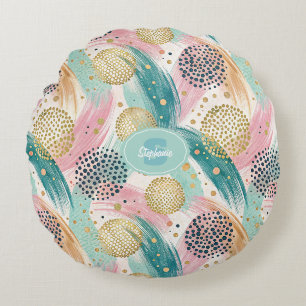 Abstract Brushstroke & Dot Pattern - Gold Accents Round Cushion