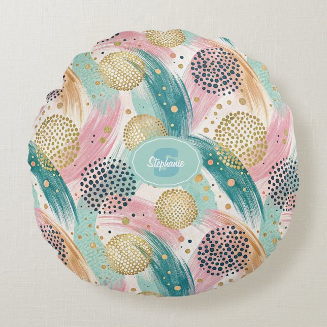 Abstract Brushstroke & Dot Pattern - Gold Accents Round Cushion (Front)