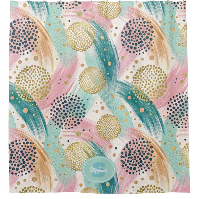 Abstract Brushstroke & Dot Pattern - Gold Accents Shower Curtain (Front)