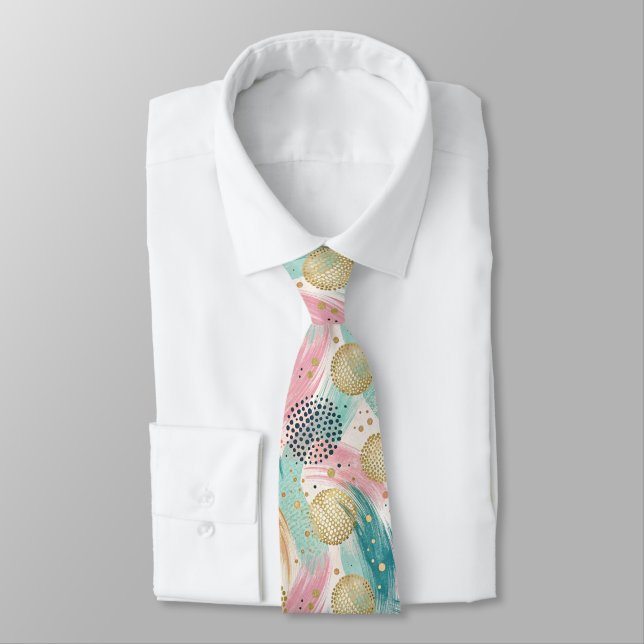 Abstract Brushstroke & Dot Pattern - Gold Accents Tie (Tied)