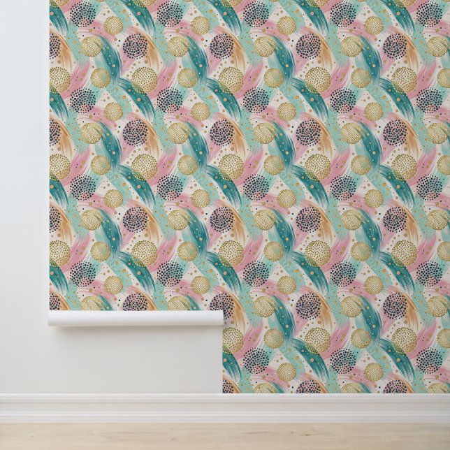 Abstract Brushstroke & Dot Pattern - Gold Accents Wallpaper (Application)