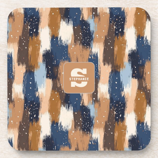 Abstract Brushstrokes in Blue, White & Brown (2) Coaster (Front)