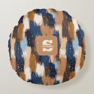 Abstract Brushstrokes in Blue, White & Brown (2) Round Cushion