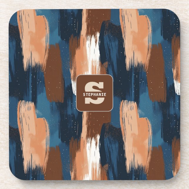 Abstract Brushstrokes in Blue, White & Brown Coaster (Front)