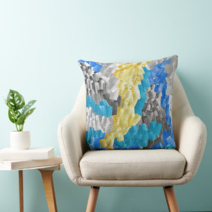 Abstract Brushstrokes in Yellow, Blue, and Grey Cushion