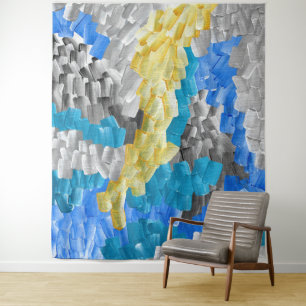 Abstract Brushstrokes in Yellow, Blue, and Grey Tapestry