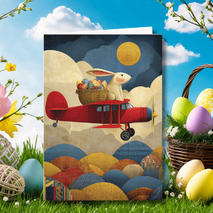 Abstract Bunny Flies Airplane Clouds Custom Easter Card