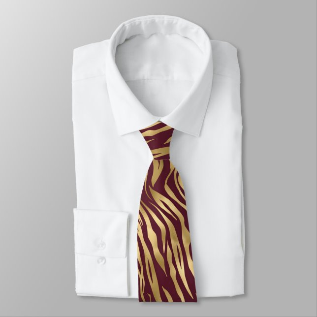 Abstract Burgundy Gold Wavy Stripe Men's Tie (Tied)