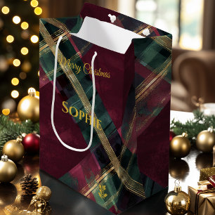 Abstract Burgundy & Green Plaid Christmas Custom Medium Gift Bag
