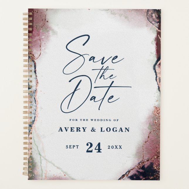 Abstract Burgundy & Navy Blue Wedding Plans Planner (Front)