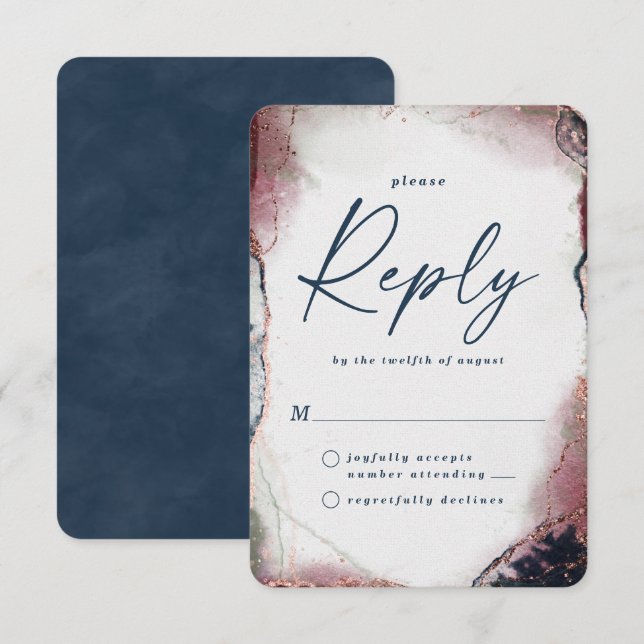 Abstract Burgundy & Navy Wedding RSVP Reply Card (Front/Back)