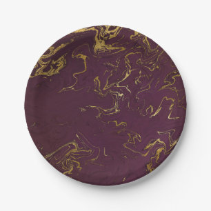 Abstract Burgundy Purple Gold Marble Party Vip Paper Plate