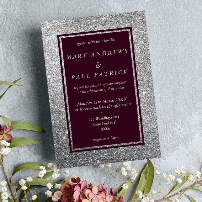 Abstract burgundy silver glitter luxury Wedding  Invitation (Abstract burgundy silver glitter luxury Wedding )