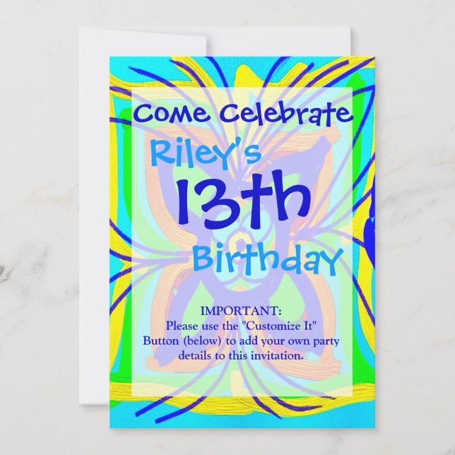 Abstract Butterfly Flower Kids Doodle Teal Lime Invitation (Front)