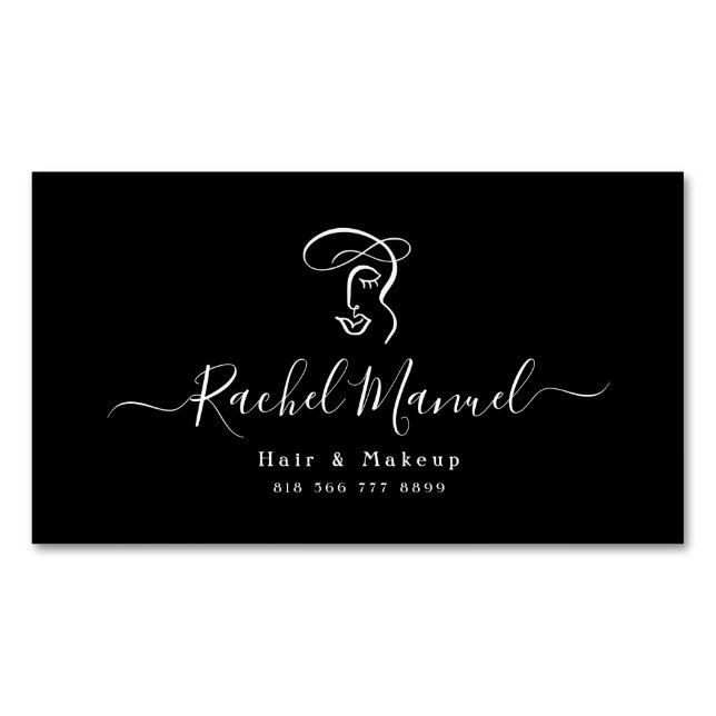 Abstract Calligraphy Script Makeup & Hair Salon Magnetic Business Card (Front)