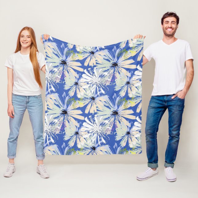 Abstract camomiles on a blue background. fleece blanket (In Situ)