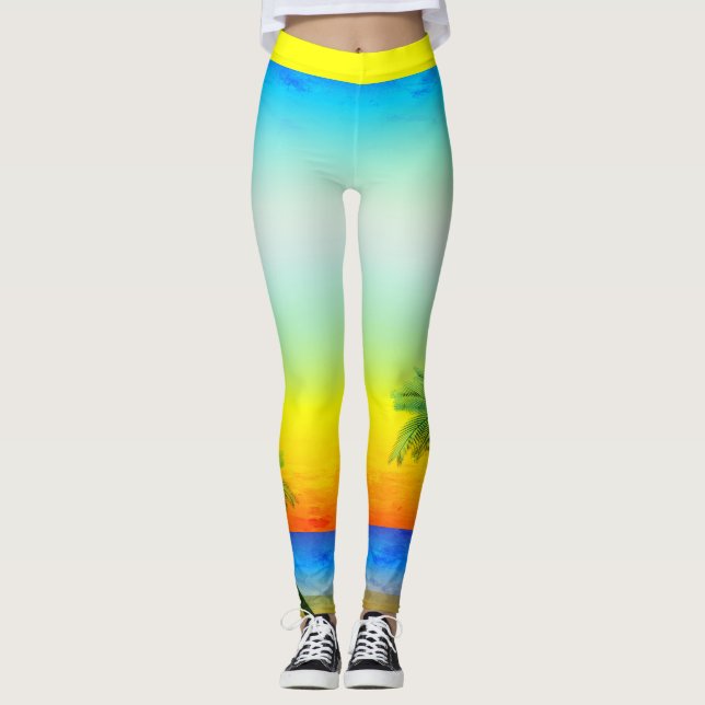 Abstract Caribbean Tropical Sky Seascape Scene Leggings (Front)
