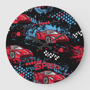 Abstract cars, grunge childish pattern. large clock