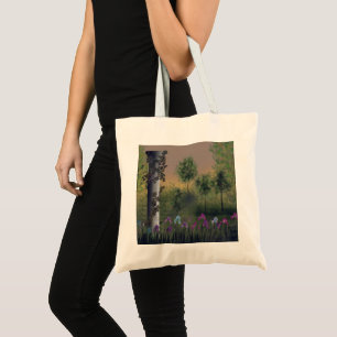 Abstract cartoon digital landskae forest trees flo tote bag