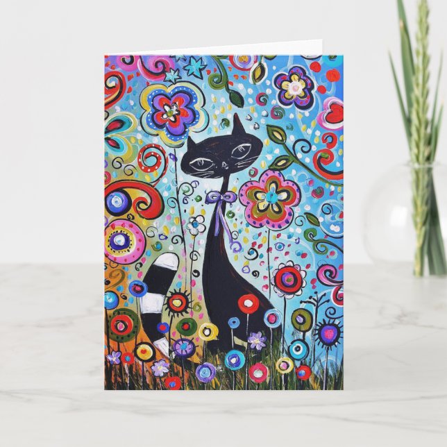 Abstract Cat and Floral Elegant Modern Blank Card (Front)